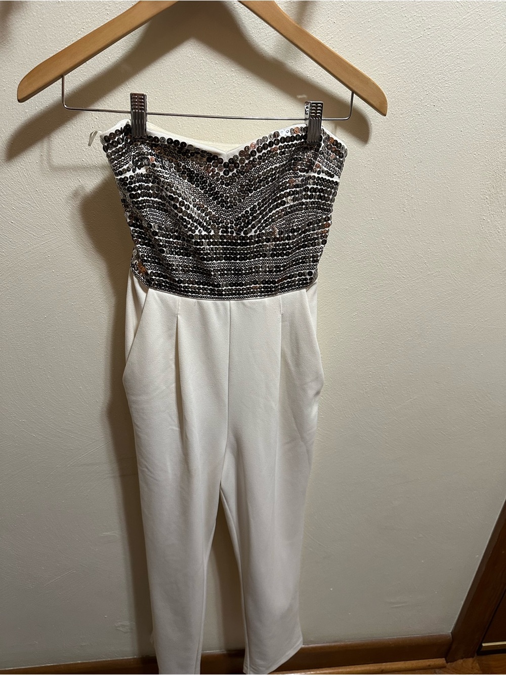 Express White Strapless Jumpsuit with Silver & Black Sequin Bodice